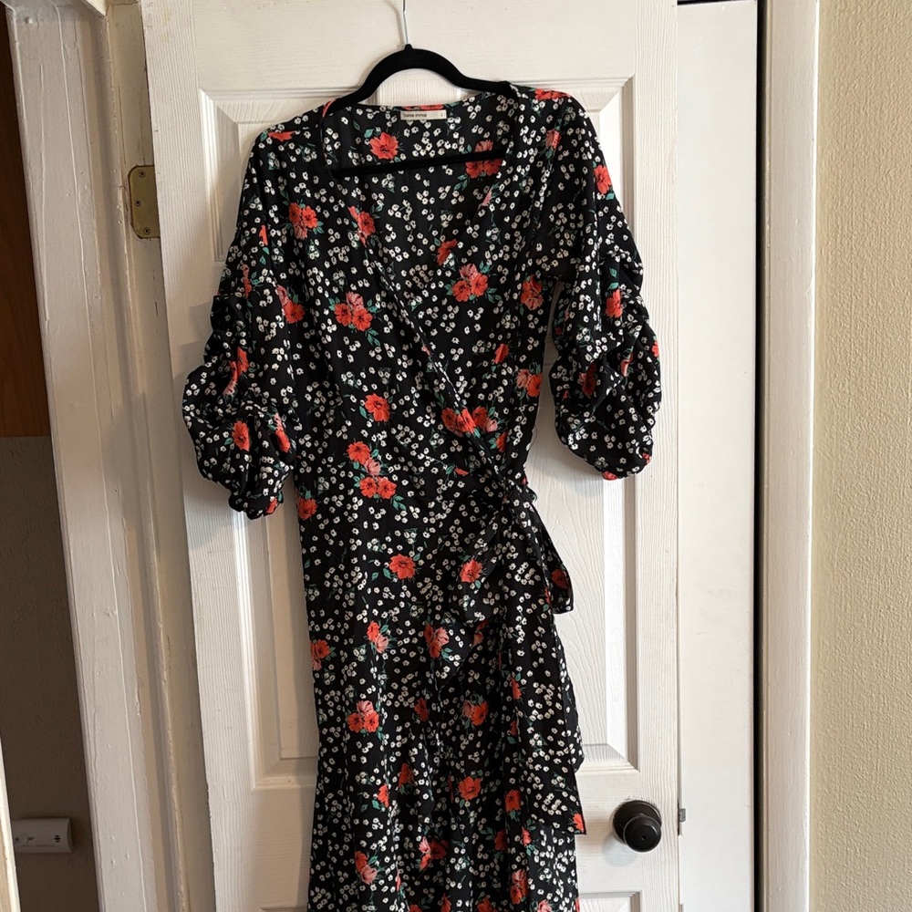 Wrap Midi Dress with Red Floral Print - Black